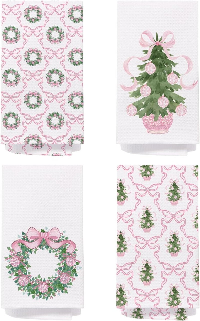 SPBL&L Merry Chinoiserie Christmas Kitchen Towels, Pink Bow Christmas Tree Dish Towels for Kitchen Bathroom, Pink Christmas Hand Towels for Bathroom Kitchen, Grandmillennial Decor,16x24 Inches Set of 4 - Image 1